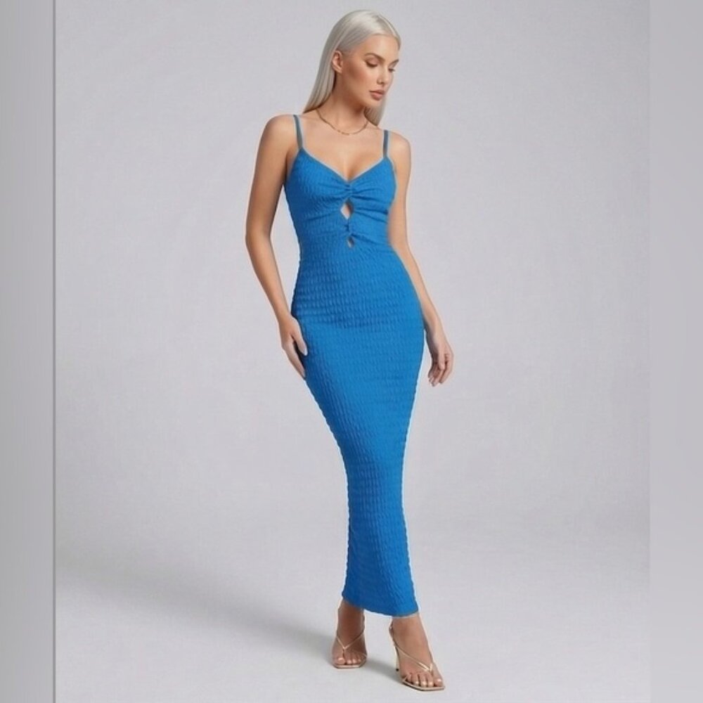 Boho Rippled Texture Cut-Out Maxi Dress Blue